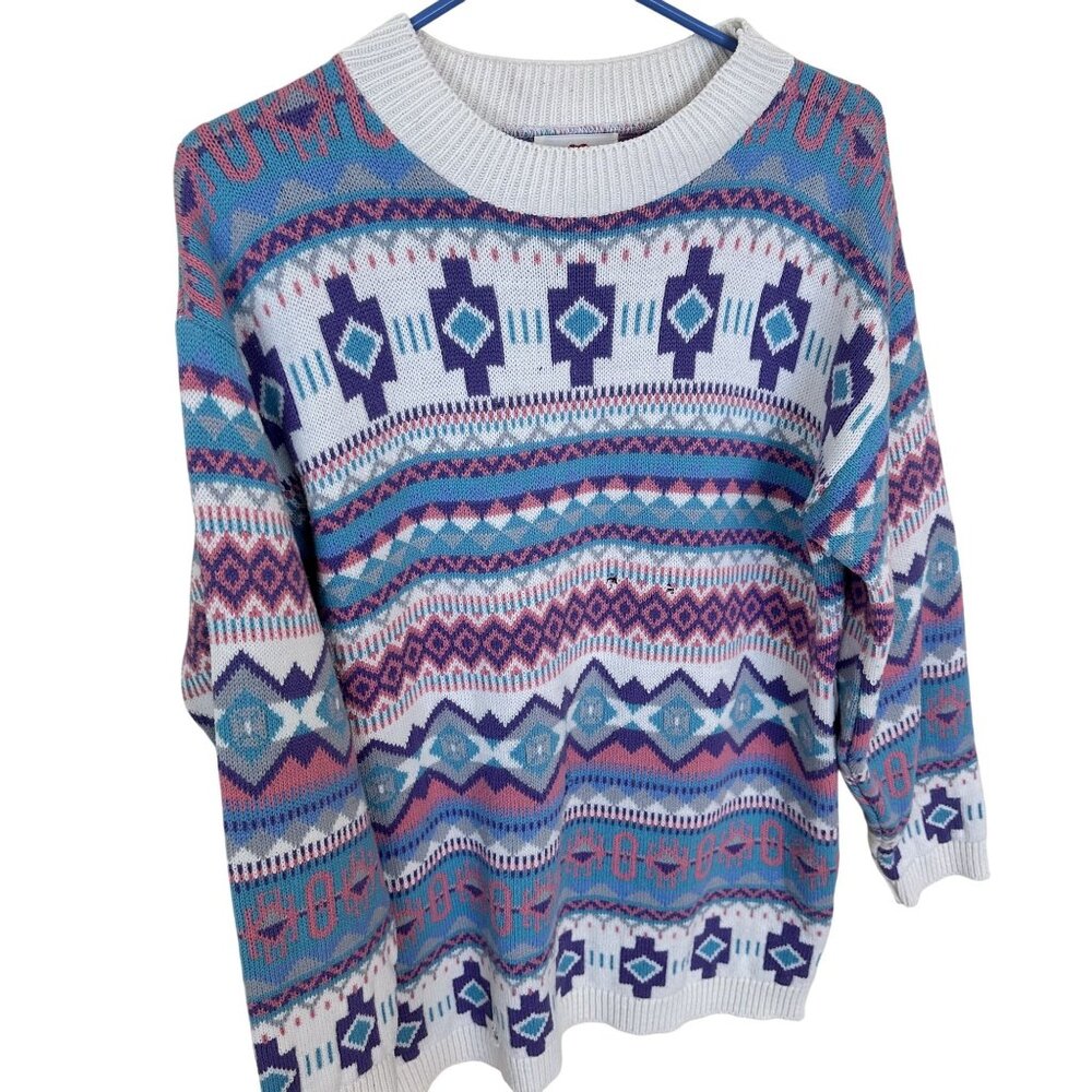 Vintage S.W.A.K. Womens Aztec Pattern Sweater Size Large 1980s Crewneck Knit